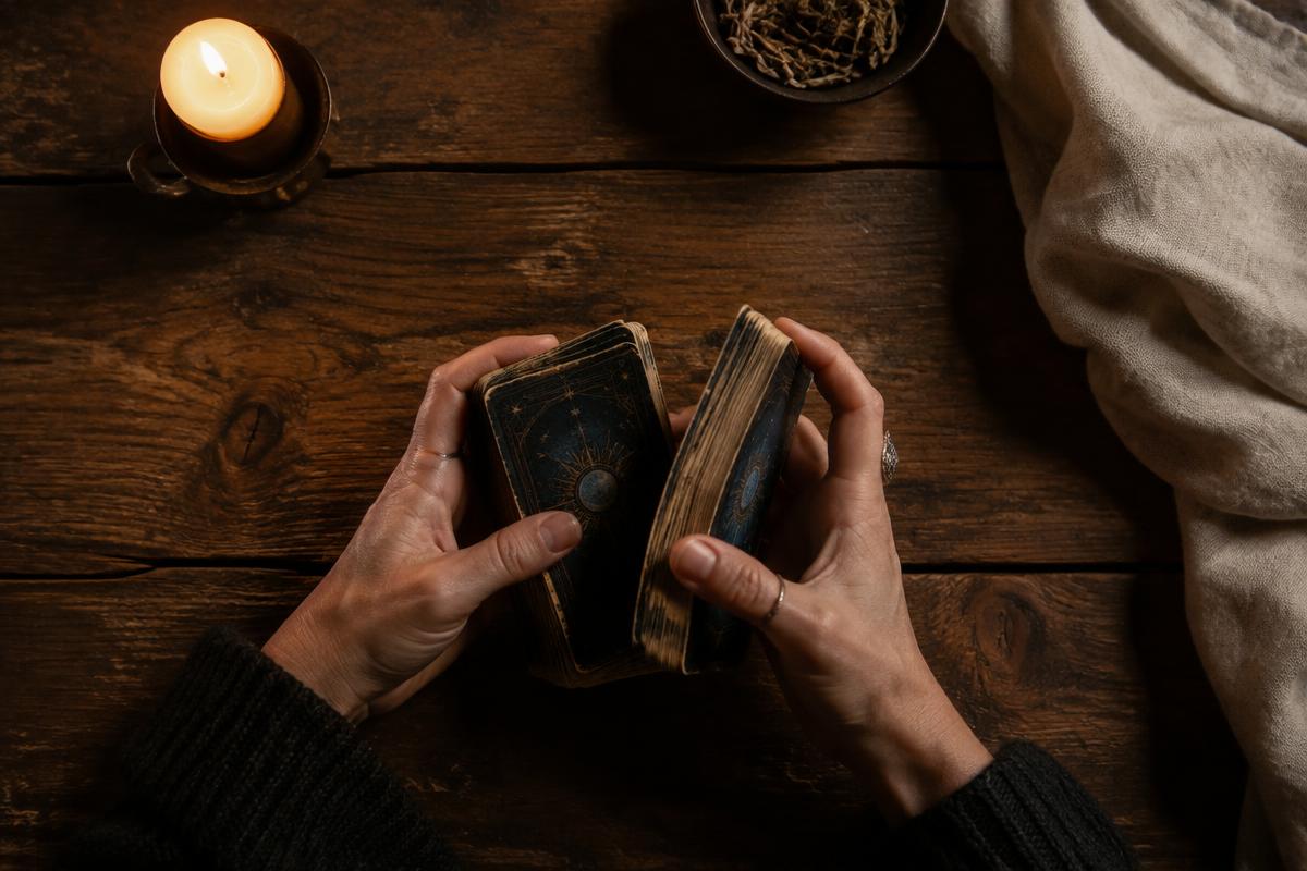 Hands shuffling a tarot deck on a wooden table beside a candle