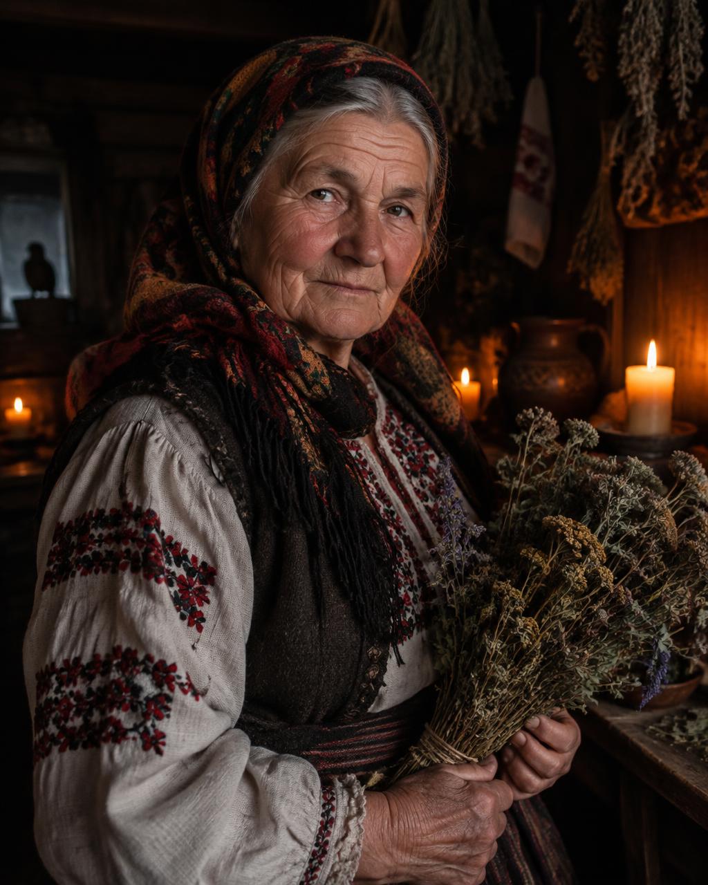 Haggath, the village witch, in her wooden hut