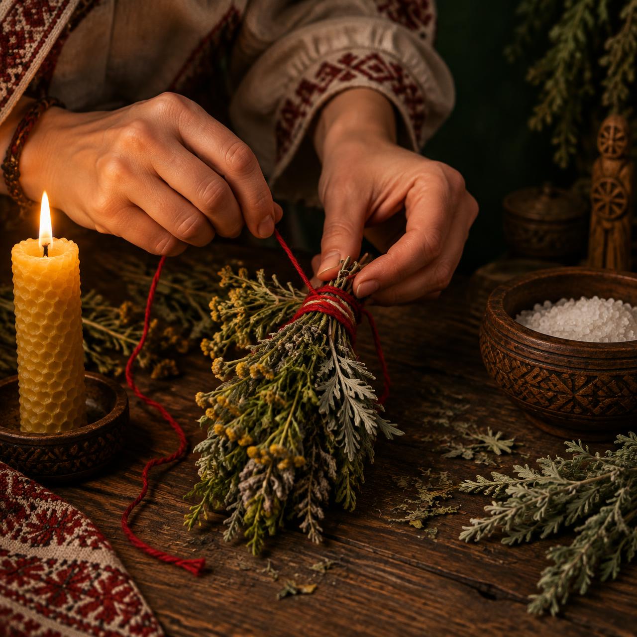 A beeswax candle ritual on a wooden table