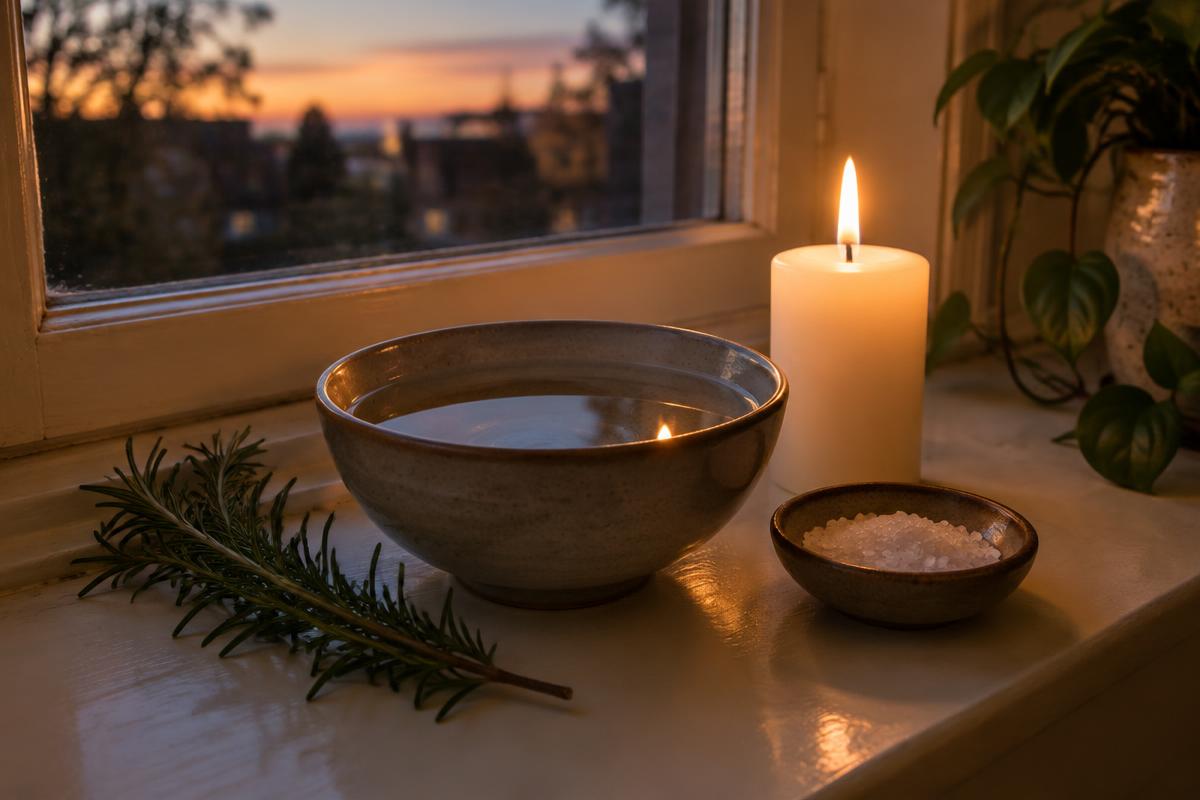 A bowl of water, rosemary, salt and a candle on a windowsill at dusk