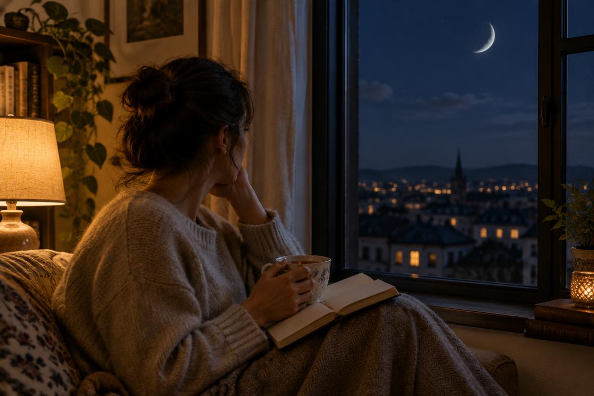 A woman with tea and a journal looking out at a crescent moon
