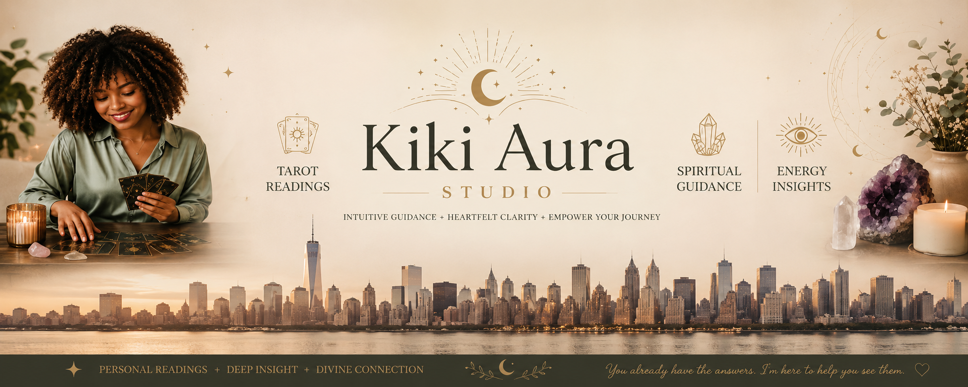 Kiki Aura Studio banner: Kiki with tarot cards beside a New York skyline, candle and amethyst