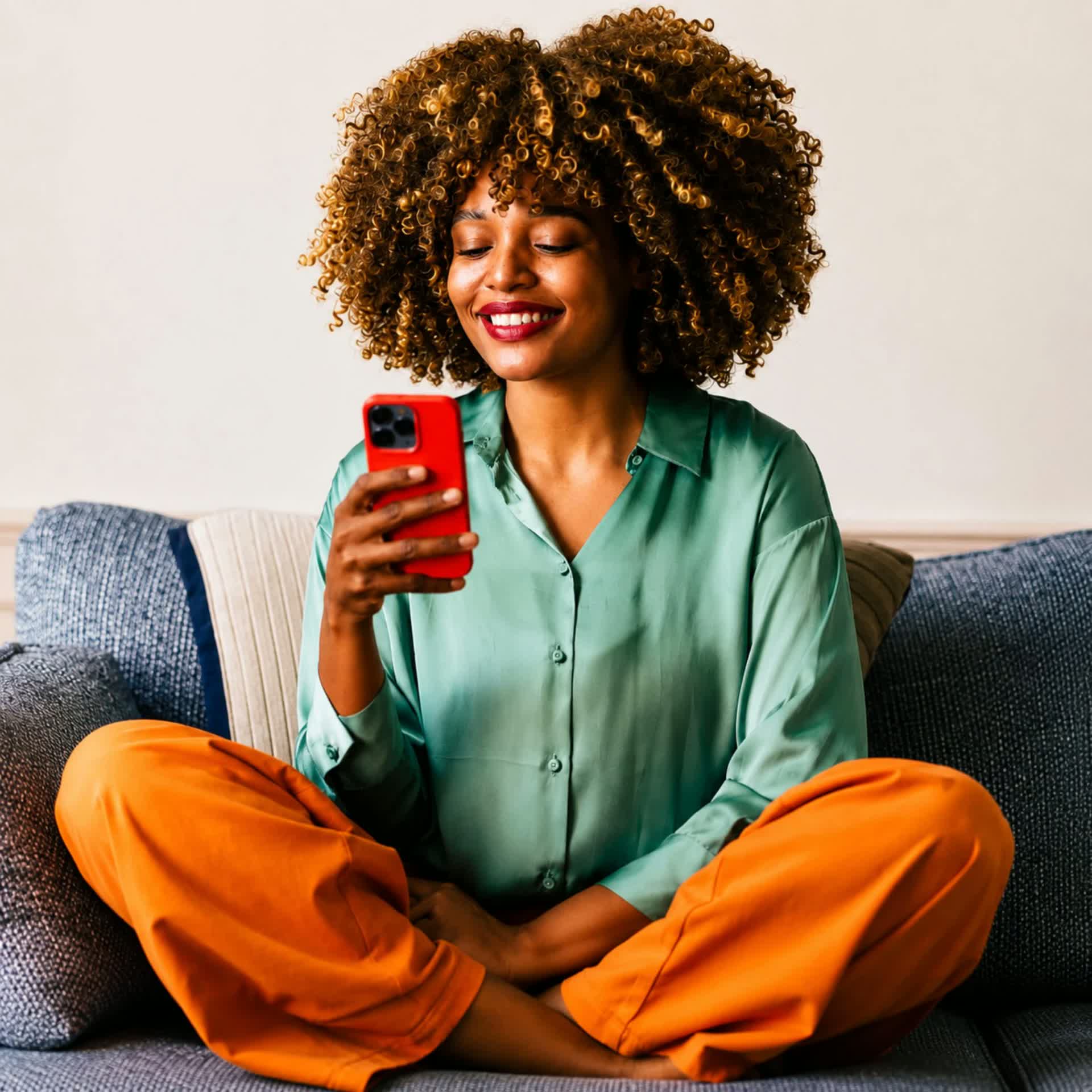 Kiki seated on her sofa with a phone, smiling as she reads a message