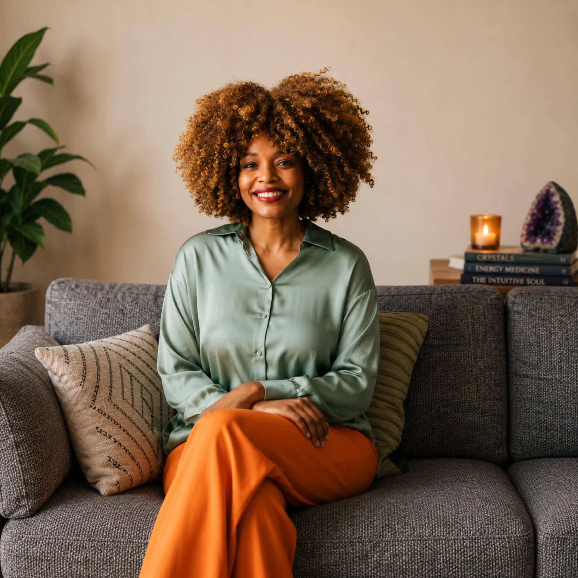 Kiki seated calmly on her grey sofa, candle and amethyst geode behind her