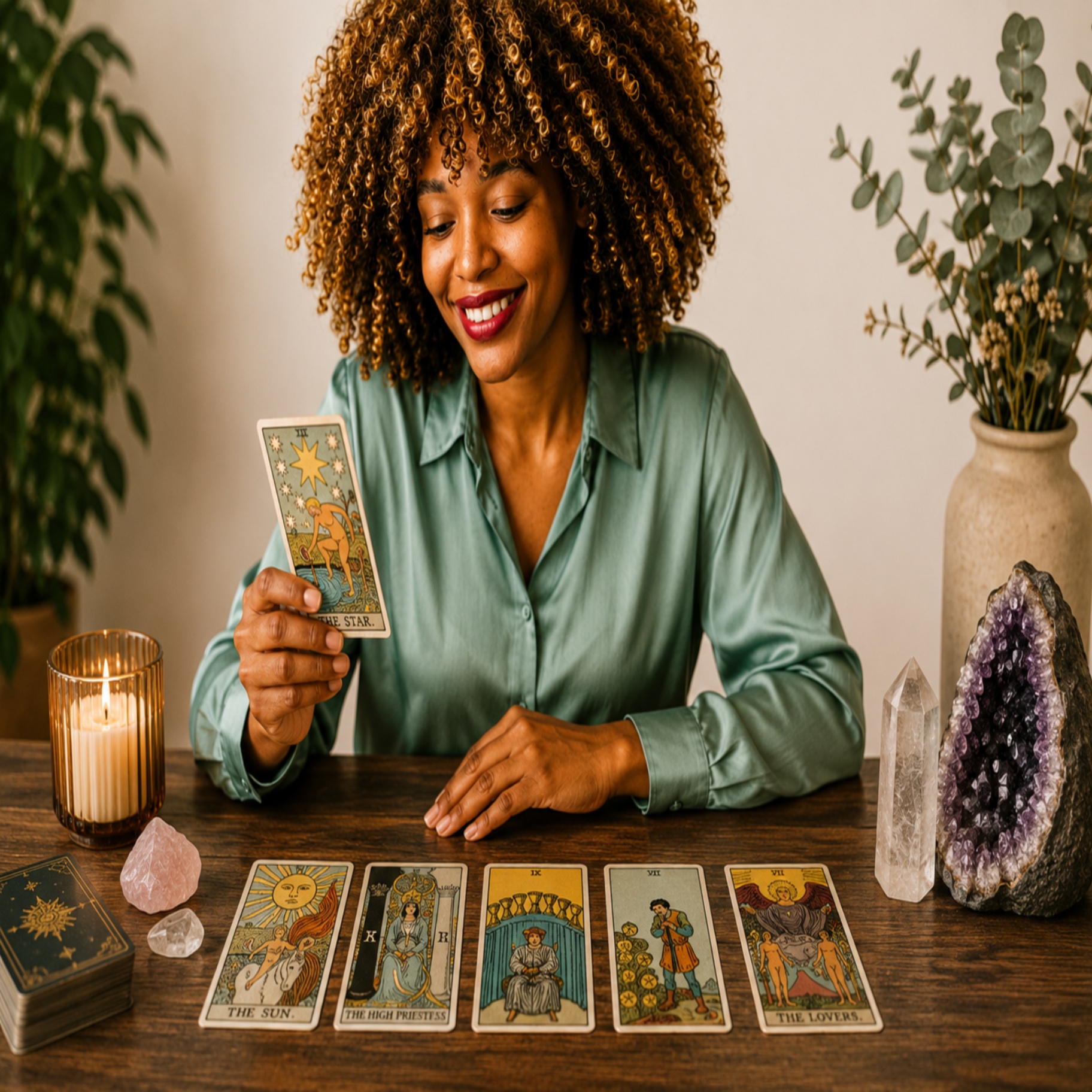 Kiki holding a tarot card at her candle-lit table with a five-card spread