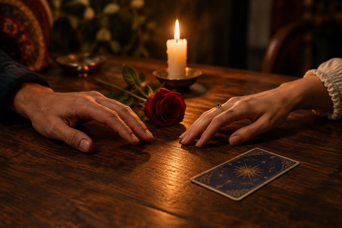 Two hands nearly touching across a table with a rose and a candle