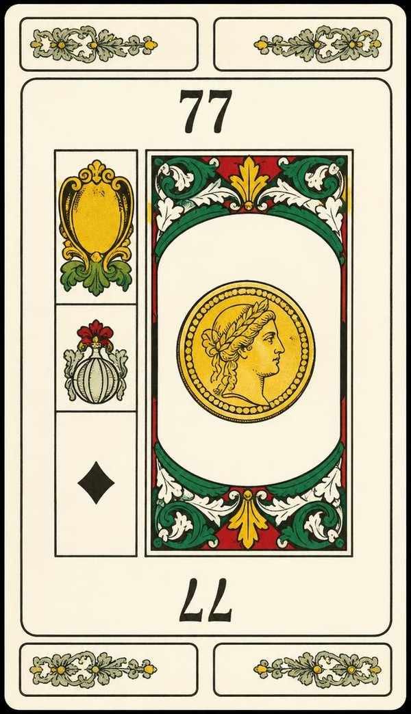 Card 77, HAPPINESS POWER - FORTUNE WEALTH - NUMBER 77, from the Dr. Moorne deck