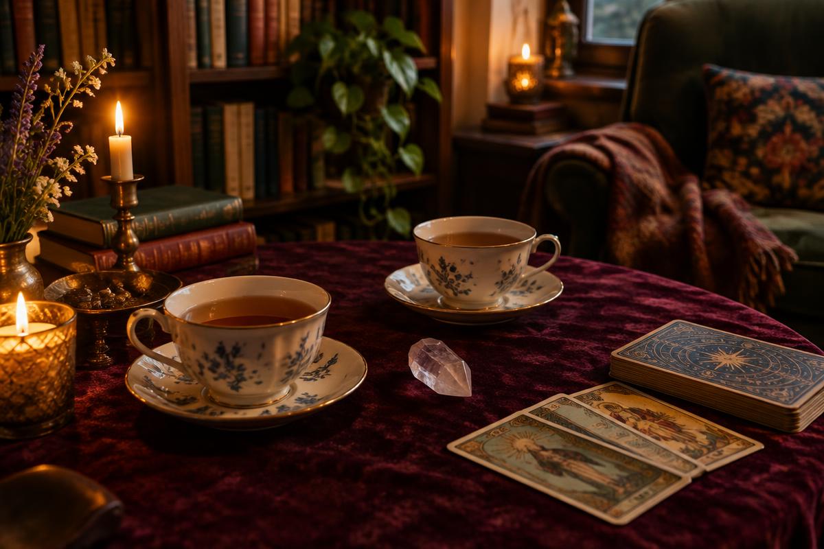 Two cups of tea, a crystal and tarot cards on a velvet table