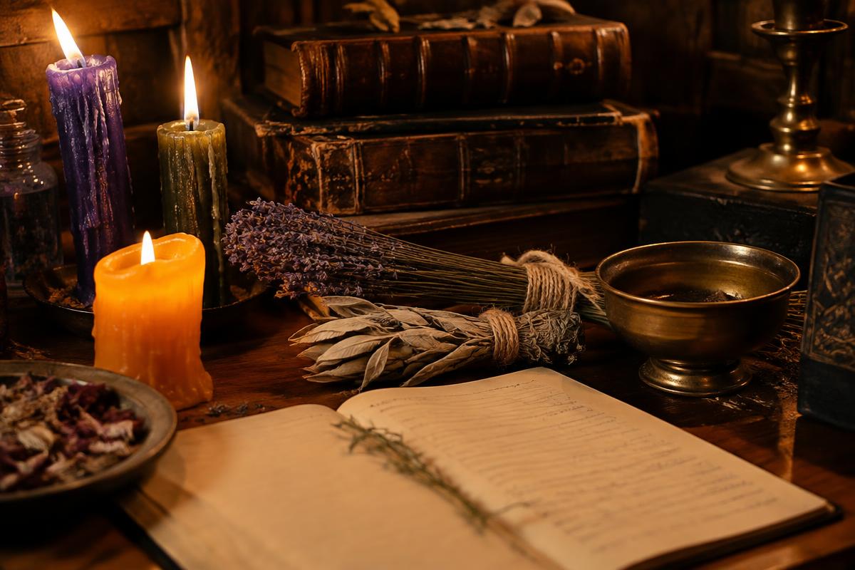 Candles, dried lavender and sage, a brass bowl and an open notebook